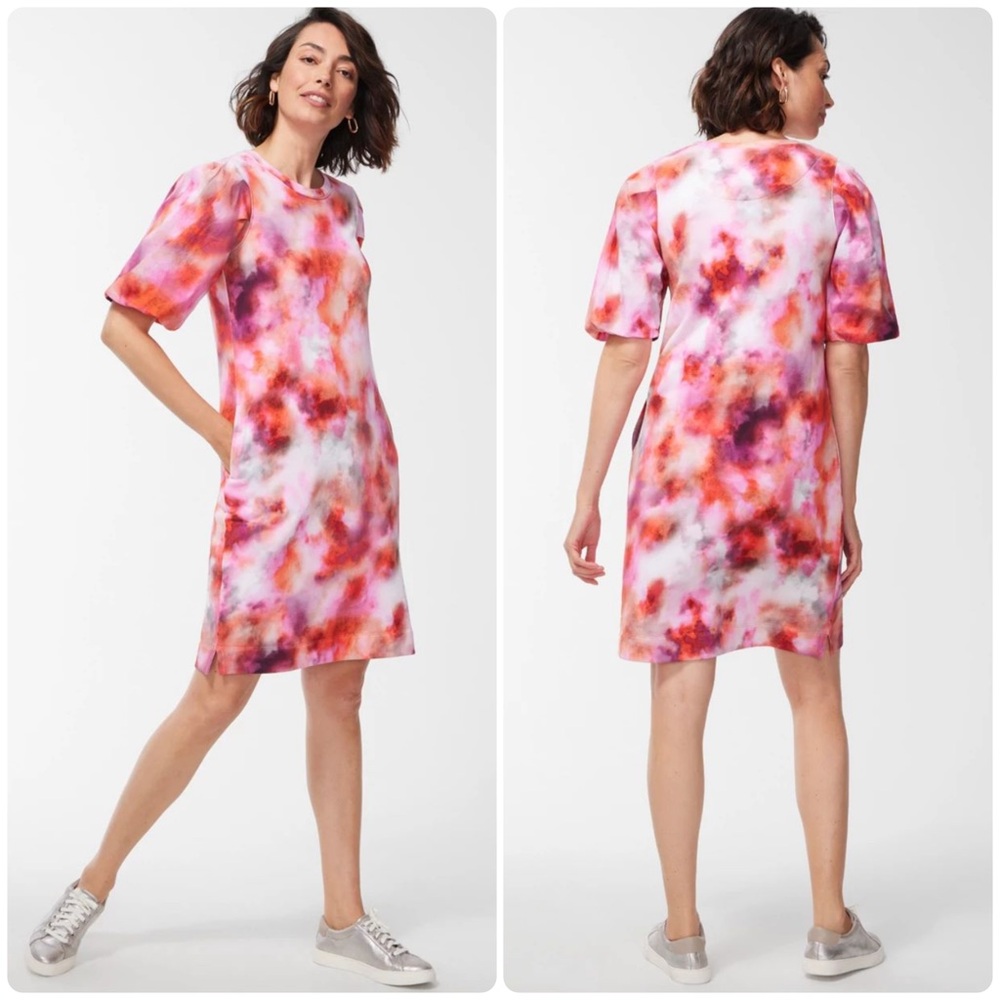 Chicos French Terry Cotton Tie Dye Puff Sleeve Dress